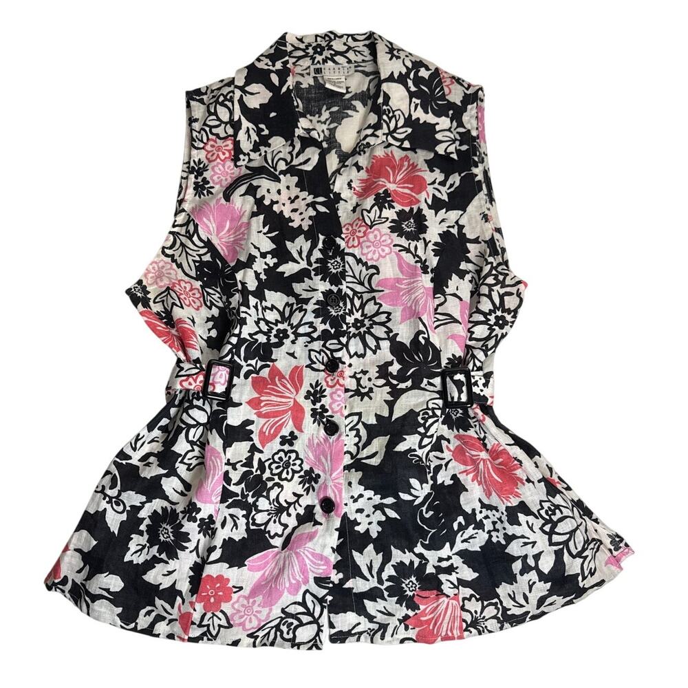 100% Linen Sleeveless Floral Blouse Button Down Vintage Black Pink Womens Large